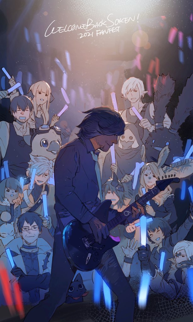 alpha_(ff14), animal_ears, au_ra, beard, cat, cat_ears, cloak, concert, crowd, elezen, elf, facial_hair, final_fantasy, final_fantasy_xiv, glowstick, goggles, goggles_on_head, hood, horns, hyur, instrument, lalafell, masayoshi_soken, mask, miqo'te, moogle, multiple_boys, multiple_girls, music, necktie, playing_instrument, pointy_ears, rabbit_ears, real_life, smile, spriggan_(final_fantasy), stubble, viera, ykhrcca