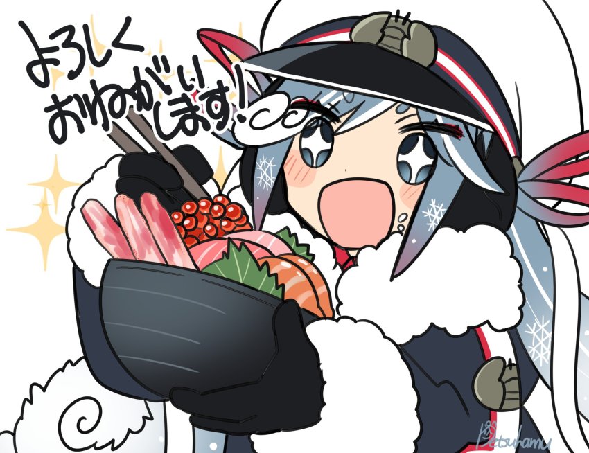 1girl, black_gloves, blue_coat, blue_hair, blush_stickers, bowl, chibi, chopsticks