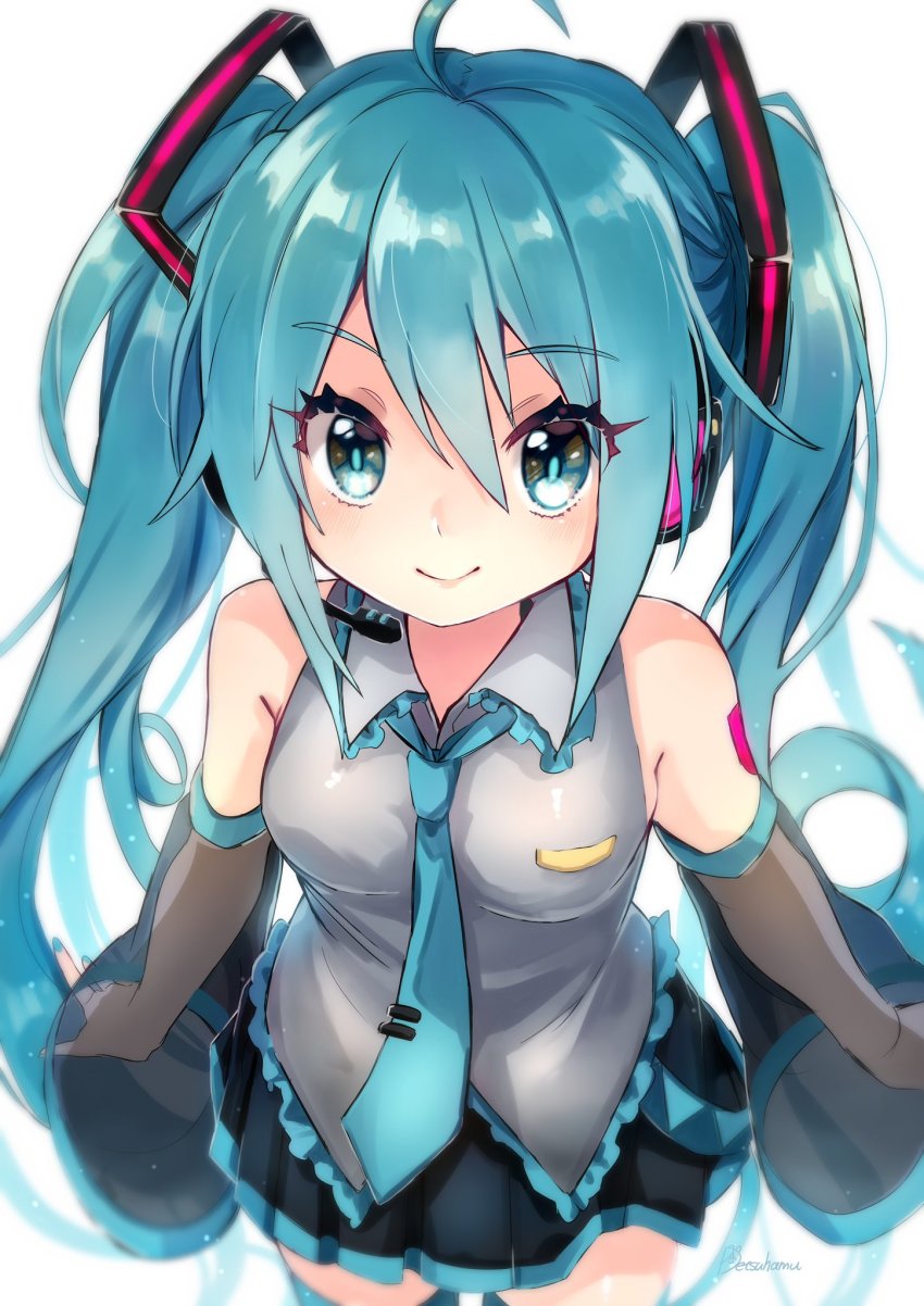 1girl, ahoge, aqua_eyes, aqua_hair, aqua_nails, aqua_necktie, bare_shoulders, black_skirt, black_sleeves, black_thighhighs, bloom, blouse, commentary, cowboy_shot, detached_sleeves, grey_shirt, hair_ornament, hamudetsu, hatsune_miku, headphones, headset, highres, long_hair, looking_at_viewer, miniskirt, nail_polish, necktie, pleated_skirt, see-through_clothes, see-through_sleeves, shirt, shoulder_tattoo, skirt, sleeveless, sleeveless_shirt, smile, solo, tattoo, thighhighs, twintails, very_long_hair, vocaloid, white_background, zettai_ryouiki