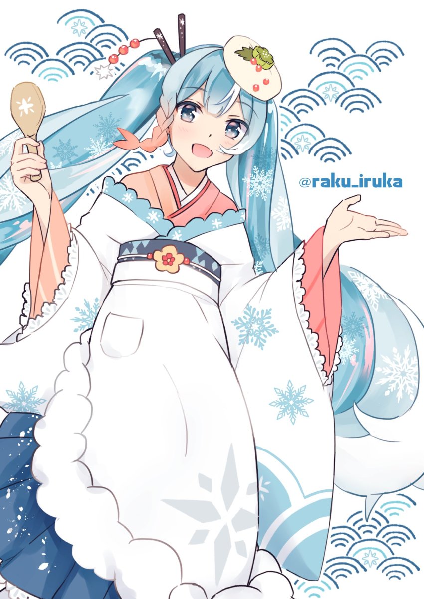 1girl, aqua_eyes, aqua_hair, blue_skirt, braid, chopsticks, commentary, food-themed_hair_ornament
