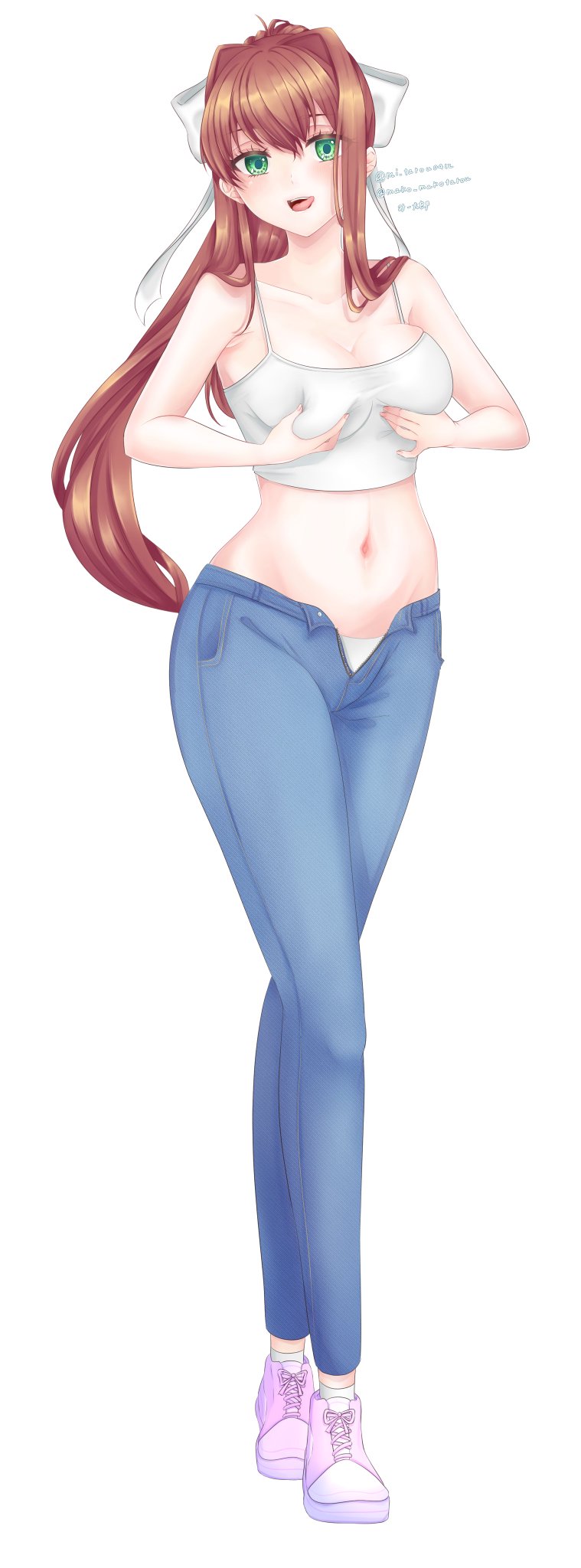 1girl, breasts, breasts_squeezed_together, brown_hair, casual, commission, denim, doki_doki_literature_club