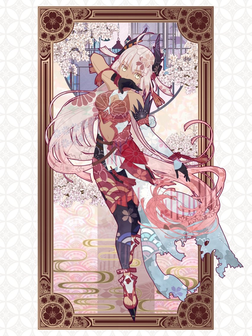 1girl, ahoge, asymmetrical_gloves, breasts, cherry_blossoms, cleavage, clothing_cutout, cosplay, dark-skinned_female, dark_skin, egasumi, fate/grand_order, fate_(series), gloves, highres, kiichi_hogen_(fate)_(cosplay), kiichi_hogen_(fate), long_hair, mosucchi, navel, navel_cutout, okita_souji_(fate), okita_souji_alter_(fate), sandals, uneven_gloves