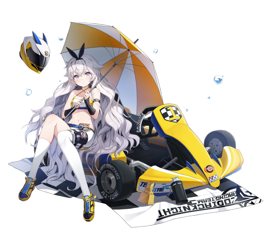 1girl, absurdres, arius_esquede, arm_warmers, armband, asymmetrical_clothes, bare_shoulders, car, counter:side, criss-cross_halter, crop_top, full_body, hair_ribbon, halterneck, helmet, highres, holding, huge_filesize, kneehighs, long_hair, looking_at_viewer, midriff, motor_vehicle, navel, official_alternate_costume, official_art, on_car, pants, parted_lips, purple_eyes, race_queen, race_vehicle, racecar, revealing_clothes, ribbon, shoes, single_kneehigh, single_pantsleg, single_sock, sitting, sleeveless, sneakers, socks, solo, spaghetti_strap, stomach, stomach_tattoo, tattoo, thighs, transparent_background, umbrella, very_long_hair, wavy_hair, white_hair, white_pants, white_socks