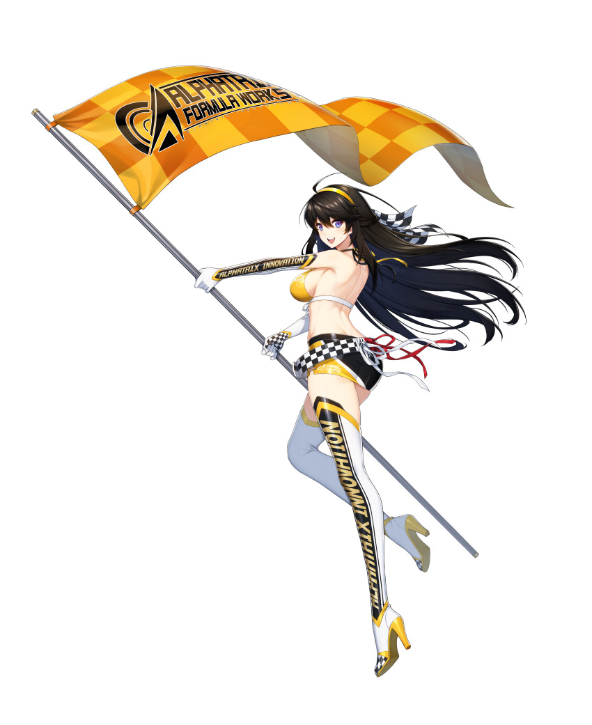 1girl, :d, absurdres, ahoge, armpits, ass, back, bare_shoulders, belt, bikini, bikini_top_only, black_hair, black_skirt, boots, breasts, checkered_flag, counter:side, elbow_gloves, flag, floating_hair, front-tie_bikini_top, front-tie_top, full_body, gloves, hair_between_eyes, hairband, halterneck, high_heel_boots, high_heels, highres, holding, large_breasts, long_hair, looking_at_viewer, looking_back, loose_belt, midriff, miniskirt, official_alternate_costume, official_art, open_mouth, outstretched_arm, pencil_skirt, purple_eyes, race_queen, revealing_clothes, shin_jia, skirt, smile, solo, swimsuit, thigh_boots, thighhighs, thighs, transparent_background, very_long_hair, white_boots, white_gloves, yellow_bikini, zettai_ryouiki