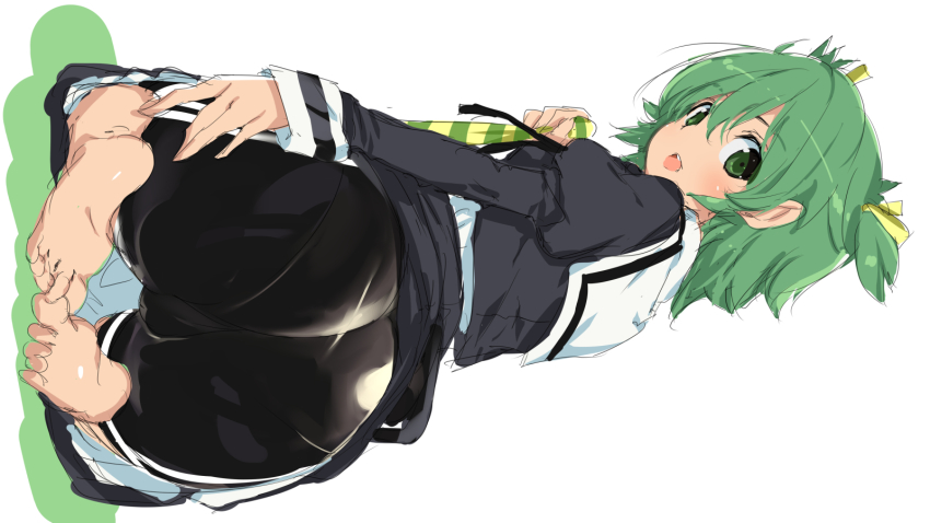 1girl, ass, assault_lily, barefoot, bike_shorts, blush, clothes_lift, from_behind