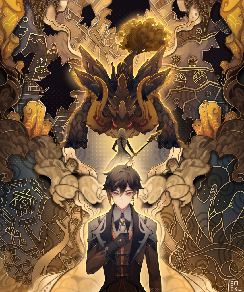 1boy, absurdres, alternate_costume, arm_tattoo, azhdaha_(genshin_impact), bare_shoulders, black_gloves, black_hair