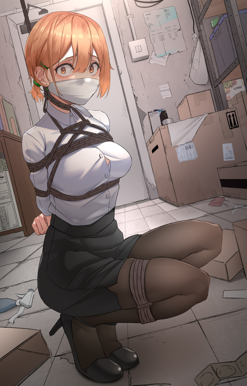 1girl, absurdres, bdsm, black_skirt, bondage, bound, bound_arms, box, breasts, brown_eyes, cloth_gag, door, eimi_(harris_hero), frogtie, gag, gagged, hair_between_eyes, hair_ornament, harris_hero, high_heels, highres, improvised_gag, indoors, kidnapped, long_sleeves, looking_at_viewer, medium_breasts, medium_hair, office_lady, orange_hair, original, over_the_nose_gag, pantyhose, restrained, shibari, shibari_over_clothes, shirt, short_hair, skirt, solo, squatting, tile_floor, tiles, white_shirt, wide-eyed