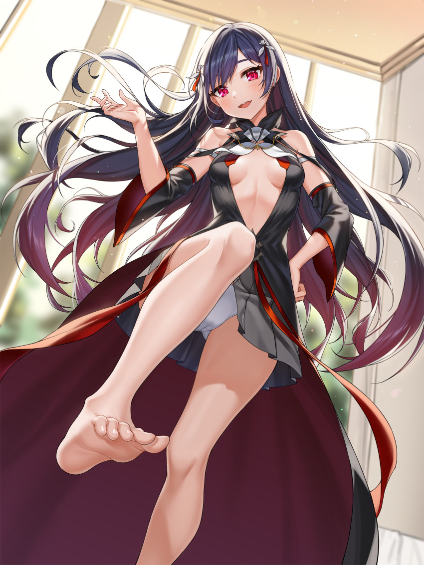 1girl, :d, absurdres, alternate_eye_color, bare_legs, bare_shoulders, barefoot, black_hair, black_shirt, breasts, center_opening, controlline3, counter:side, detached_sleeves, feet, floating_hair, from_below, grey_skirt, hair_ornament, hair_spread_out, hand_on_own_hip, hand_up, head_tilt, highres, indoors, leg_up, long_hair, looking_at_viewer, miniskirt, no_bra, open_mouth, panties, pleated_skirt, pov_stomped, red_eyes, revealing_clothes, rosaria_(counter:side), shirt, skirt, small_breasts, smile, solo, standing, standing_on_one_leg, stomach, thighs, toes, underwear, very_long_hair, waist_cape, white_panties, wide_sleeves