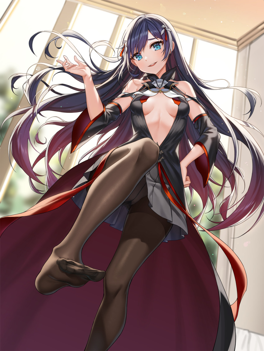 1girl, absurdres, bare_shoulders, black_hair, black_shirt, blue_eyes, breasts, brown_pantyhose, center_opening, controlline3, counter:side, detached_sleeves, feet, floating_hair, from_below, grey_skirt, hair_ornament, hair_spread_out, hand_on_own_hip, hand_up, head_tilt, highres, indoors, leg_up, long_hair, looking_at_viewer, miniskirt, no_bra, open_mouth, panties, panties_under_pantyhose, pantyhose, pleated_skirt, pov_stomped, revealing_clothes, rosaria_(counter:side), shirt, skirt, small_breasts, smile, smirk, solo, standing, standing_on_one_leg, stomach, toes, underwear, very_long_hair, waist_cape, wide_sleeves