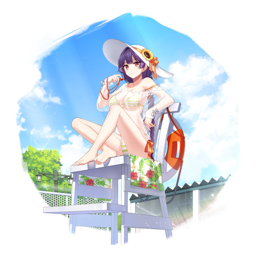 1girl, absurdres, bare_shoulders, barefoot, bikini, braid, breasts, chair, cleavage, counter:side, flower, full_body, hat, hat_flower, highres, holding, lee_yumi_(counter:side), lifebuoy, lifeguard_chair, long_hair, looking_at_viewer, medium_breasts, off_shoulder, official_alternate_costume, official_art, outdoors, purple_hair, red_eyes, see-through_clothes, shirt, side-tie_bikini_bottom, single_braid, solo, strap_slip, string_bikini, striped_bikini, striped_clothes, sun_hat, swim_ring, swimsuit, thighs, transparent_background, whistle, white_hat
