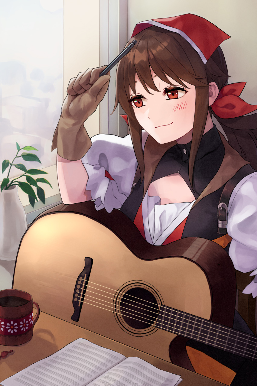 1girl, absurdres, acoustic_guitar, blush, brown_eyes, brown_hair, coffee, coffee_mug, cup, falcon_(girls'_frontline), girls'_frontline, gloves, guitar, hair_scarf, headscarf, highres, instrument, long_hair, mug, pami_a117, red_headscarf, sidelocks, smile, solo