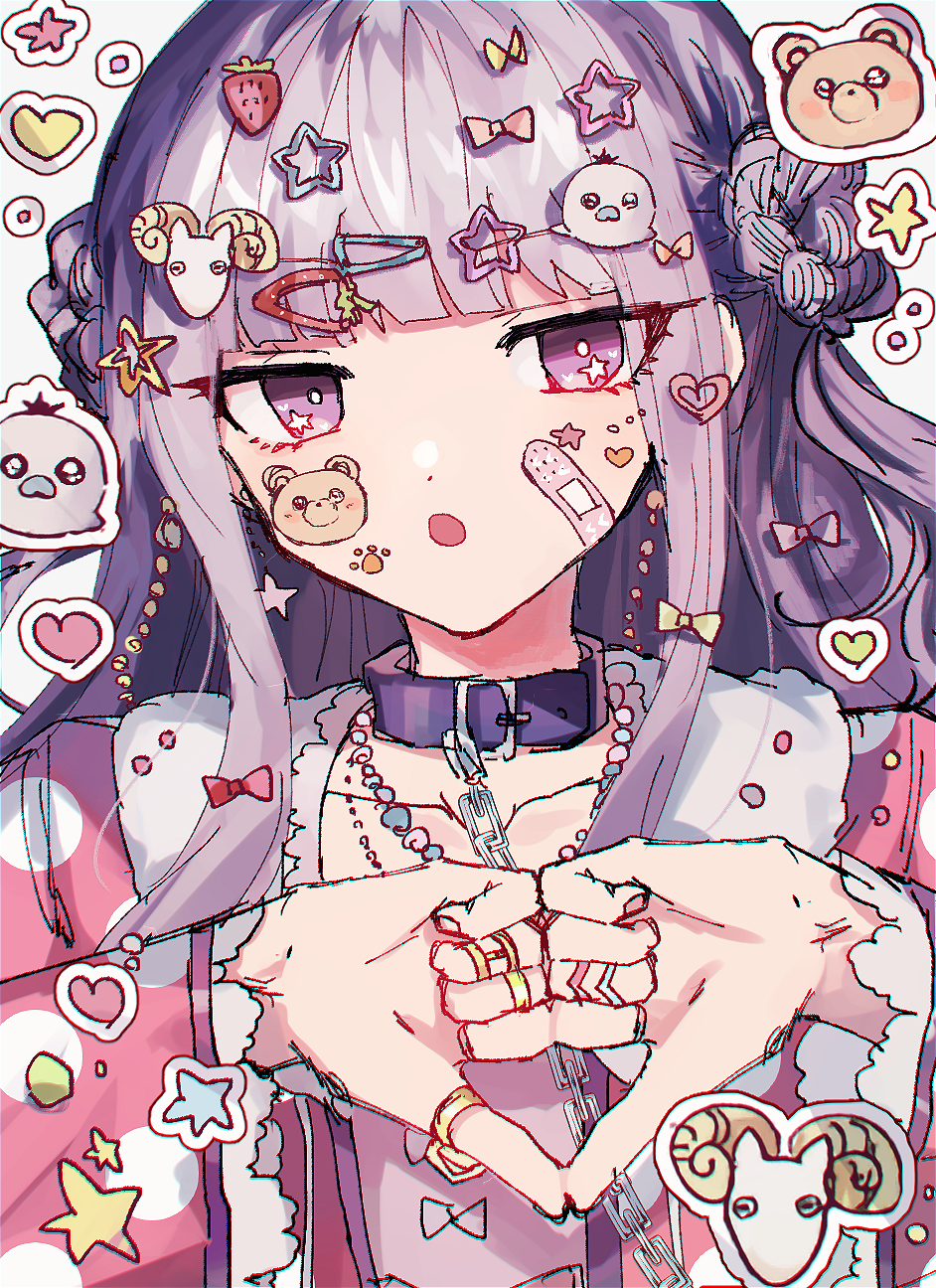 1girl, :o, absurdly_detailed_composition, aurora_sya_lis_kaymin, bandaid, bandaid_on_face, chain, collar