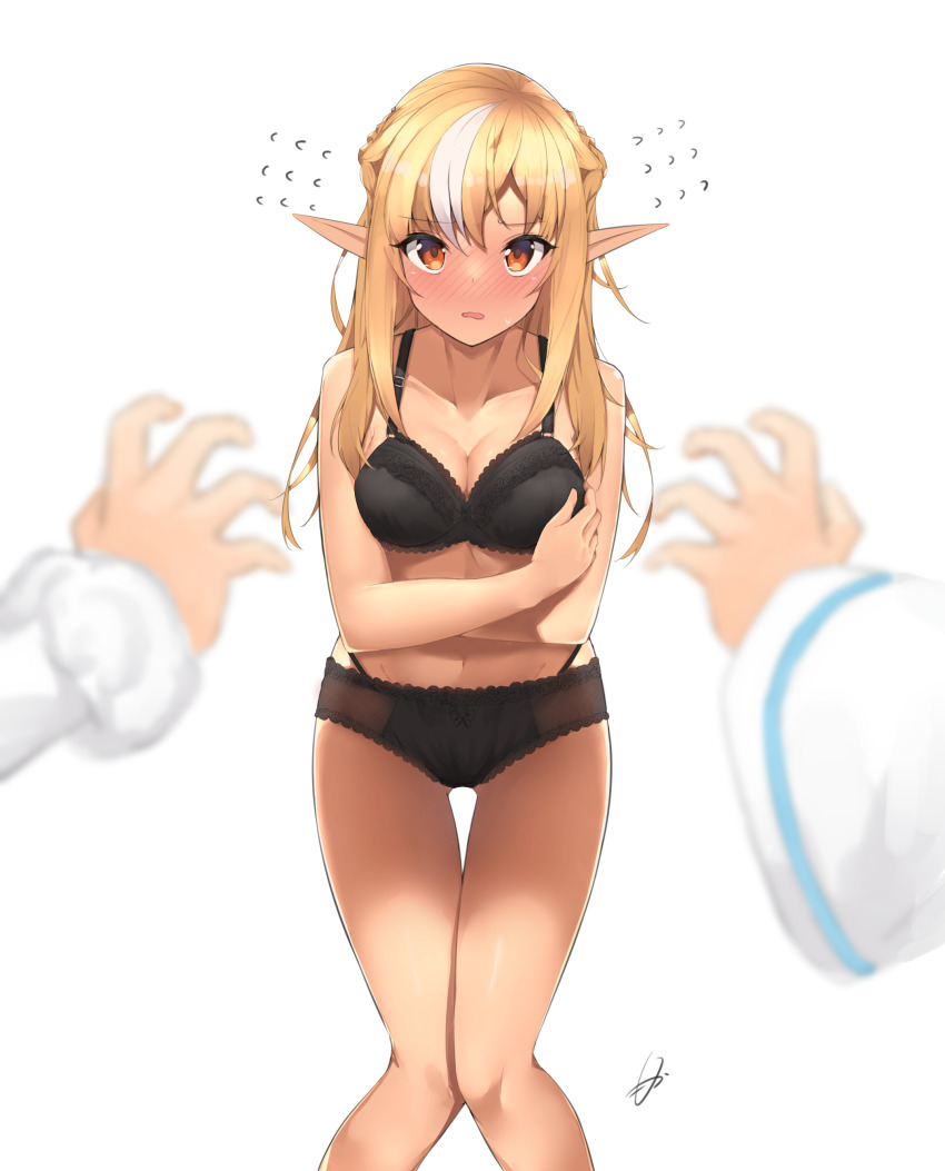 3girls, absurdres, black_bra, black_panties, blonde_hair, blurry, blush, bra, braid, breasts, cleavage, collarbone, commentary_request, dark-skinned_female, dark_elf, dark_skin, depth_of_field, elf, embarrassed, flying_sweatdrops, hair_between_eyes, half_up_braid, highres, hololive, knees_together_feet_apart, lace, lace-trimmed_bra, lace-trimmed_panties, lace_trim, long_hair, long_sleeves, looking_at_viewer, medium_breasts, mocacoco339, multicolored_hair, multiple_girls, navel, nose_blush, open_mouth, orange_eyes, out_of_frame, outstretched_arm, panties, parted_bangs, pointy_ears, shirakami_fubuki, shiranui_flare, sidelocks, signature, simple_background, solo_focus, standing, streaked_hair, thigh_gap, tsunomaki_watame, underwear, underwear_only, virtual_youtuber, white_background, white_hair, wide_sleeves