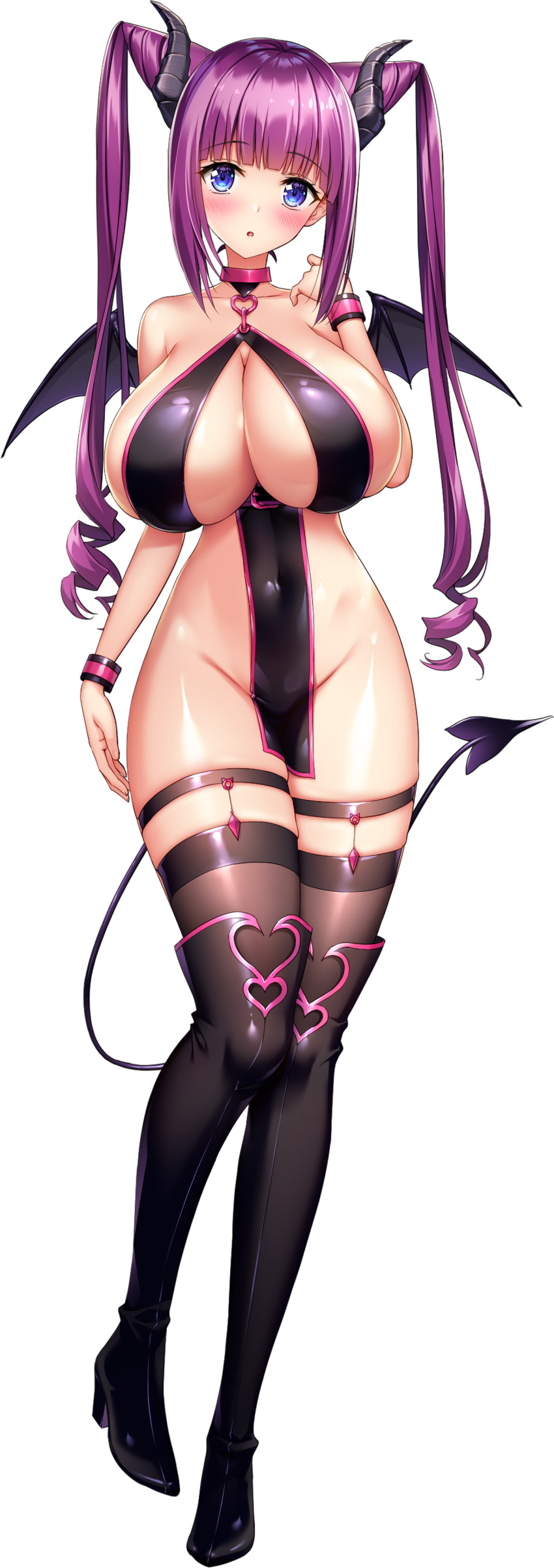 1girl, absurdres, black_boots, black_thighhighs, boots, caryle_restram, demon_girl, fate_(series), full_body, highres, look-alike, mini_wings, motto!_haramase!_(series), motto!_haramase!_honoo_no_oppai_isekai_chou_ero:_succubus_gakuen, motto!_haramase!_honoo_no_oppai_isekai_chou_ero_succubus_gakuen!, no_panties, official_art, pelvic_curtain, photoshop_(medium), pink_hair, solo, thighhighs, transparent_background, wings, yang_guifei_(fate)