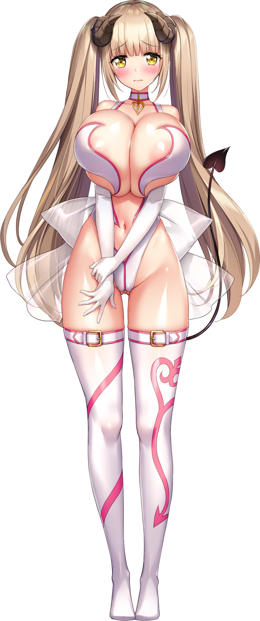 1girl, absurdres, blush, breasts, center_opening, chartina_luitgard, choker, demon_girl, demon_horns, demon_tail, derauea, elbow_gloves, full_body, gloves, gluteal_fold, heart, heart_choker, highres, hand_on_own_arm, horns, huge_breasts, large_areolae, light_brown_hair, long_hair, look-alike, looking_at_viewer, motto!_haramase!_(series), motto!_haramase!_honoo_no_oppai_isekai_chou_ero:_succubus_gakuen, motto!_haramase!_honoo_no_oppai_isekai_chou_ero_succubus_gakuen!, navel, official_art, photoshop_(medium), raised_eyebrows, shiny_skin, solo, tail, tears, thighhighs, transparent_background, twintails, white_gloves, yellow_eyes