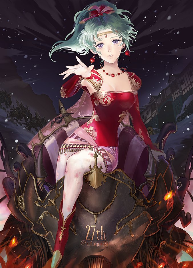 1girl, anniversary, breasts, bridal_gauntlets, circlet, dress, earrings, elbow_gloves