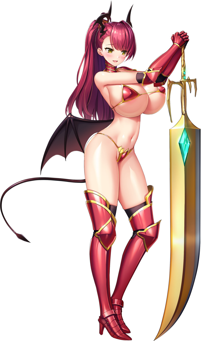 1girl, absurdres, armor, armored_boots, asymmetrical_bangs, bikini_armor, black_wings, boots, breasts, celestia_laciel, demon_girl, demon_horns, demon_tail, demon_wings, derauea, full_body, gold_trim, greaves, high_heels, high_ponytail, highres, holding, holding_sword, holding_weapon, horns, huge_breasts, huge_weapon, knight, long_hair, motto!_haramase!_(series), motto!_haramase!_honoo_no_oppai_isekai_chou_ero:_succubus_gakuen, motto!_haramase!_honoo_no_oppai_isekai_chou_ero_succubus_gakuen!, navel, official_art, open_mouth, photoshop_(medium), planted, planted_sword, planted_weapon, ponytail, red_hair, solo, standing, sword, tail, transparent_background, underboob, weapon, wings, yellow_eyes