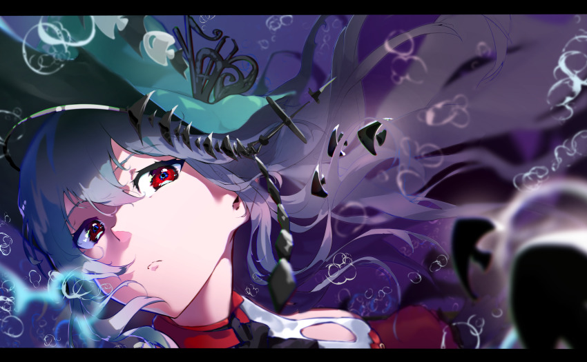 1girl, absurdres, aqua_headwear, arknights, bad_id, bad_pixiv_id, bare_shoulders, bubble