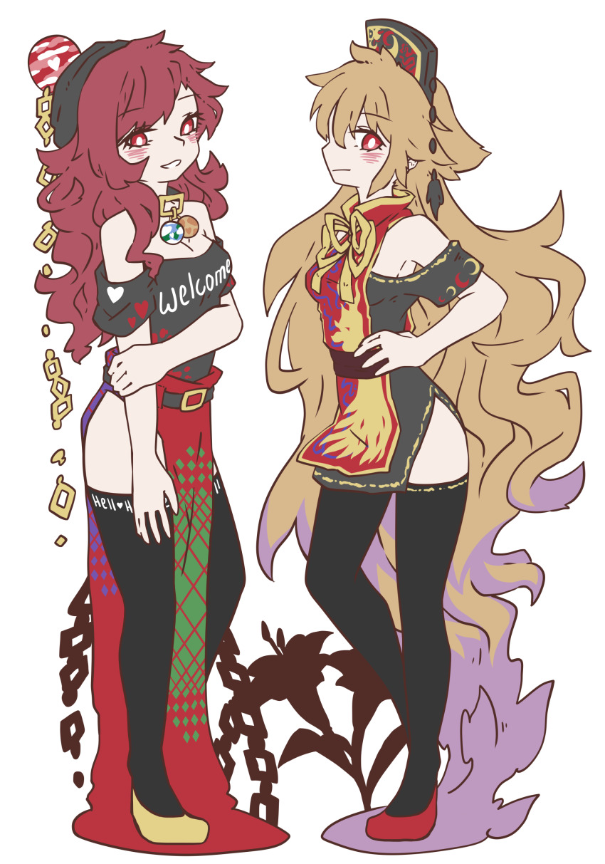 2girls, absurdres, adapted_costume, arm_grab, belt, black_belt, black_dress, black_headwear, black_legwear, black_shirt, blonde_hair, blush, breasts, chain, clothes_writing, crown, dress, flats, flower, hand_on_own_hip, hecatia_lapislazuli, highres, junko_(touhou), lana151, lily_(flower), long_hair, medium_breasts, multiple_girls, off-shoulder_dress, off-shoulder_shirt, off_shoulder, pelvic_curtain, red_eyes, red_footwear, red_hair, ribbon, shirt, shoes, short_dress, tabard, thighhighs, touhou, very_long_hair, white_background, yellow_ribbon, yellow_shoes, zettai_ryouiki