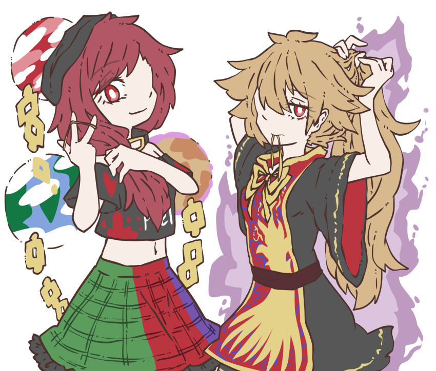 2girls, black_dress, black_shirt, blonde_hair, chain, clothes_writing, cowboy_shot, dress