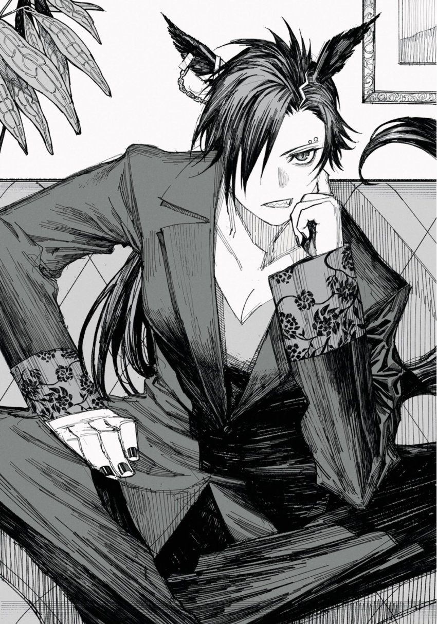 air_shakur_(umamusume), animal_ears, black_hair, breasts, butterfly_sitting, cleavage, clenched_teeth, earrings, eyebrow_piercing, face_piercing, floral_print, formal_clothes, greyscale, highres, horse_ears, horse_girl, horse_tail, jewelry, long_hair, looking_at_viewer, monochrome, nail_polish, noririn4696, pants, piercing, sitting, solo, suit, tail, teeth, umamusume