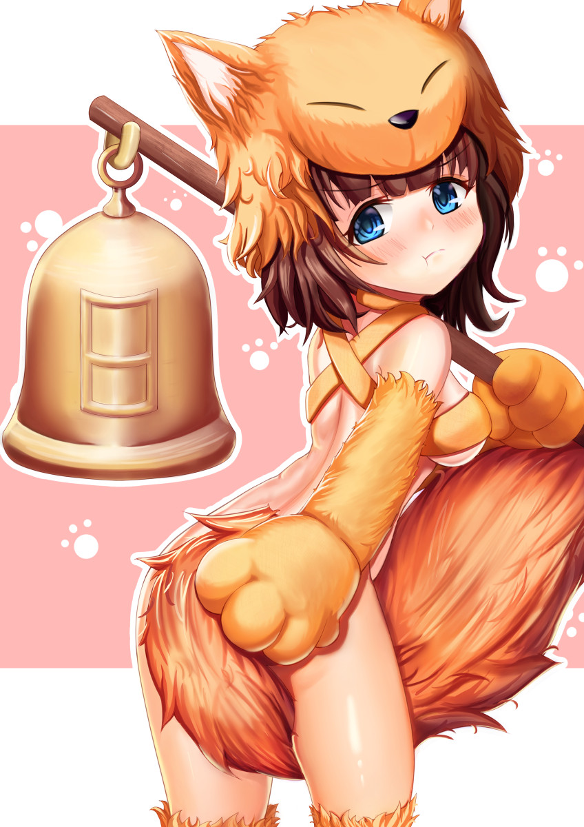 1girl, :t, animal_hands, bell, blue_eyes, blunt_bangs, blush, bottomless, breasts, brown_hair, closed_mouth, commentary_request, cosplay, cowboy_shot, crossover, elbow_gloves, fox_hat, fox_tail, giant_bat, gloves, halterneck, highres, holding, holding_staff, idolmaster, idolmaster_cinderella_girls, idolmaster_cinderella_girls_starlight_stage, kneehighs, looking_at_viewer, looking_back, medium_breasts, moonlight_flower, moonlight_flower_(cosplay), paw_print, paw_print_background, ragnarok_online, sakuma_mayu, short_hair, socks, solo, staff, tail, two-tone_background, white_background, yellow_fur, yellow_gloves