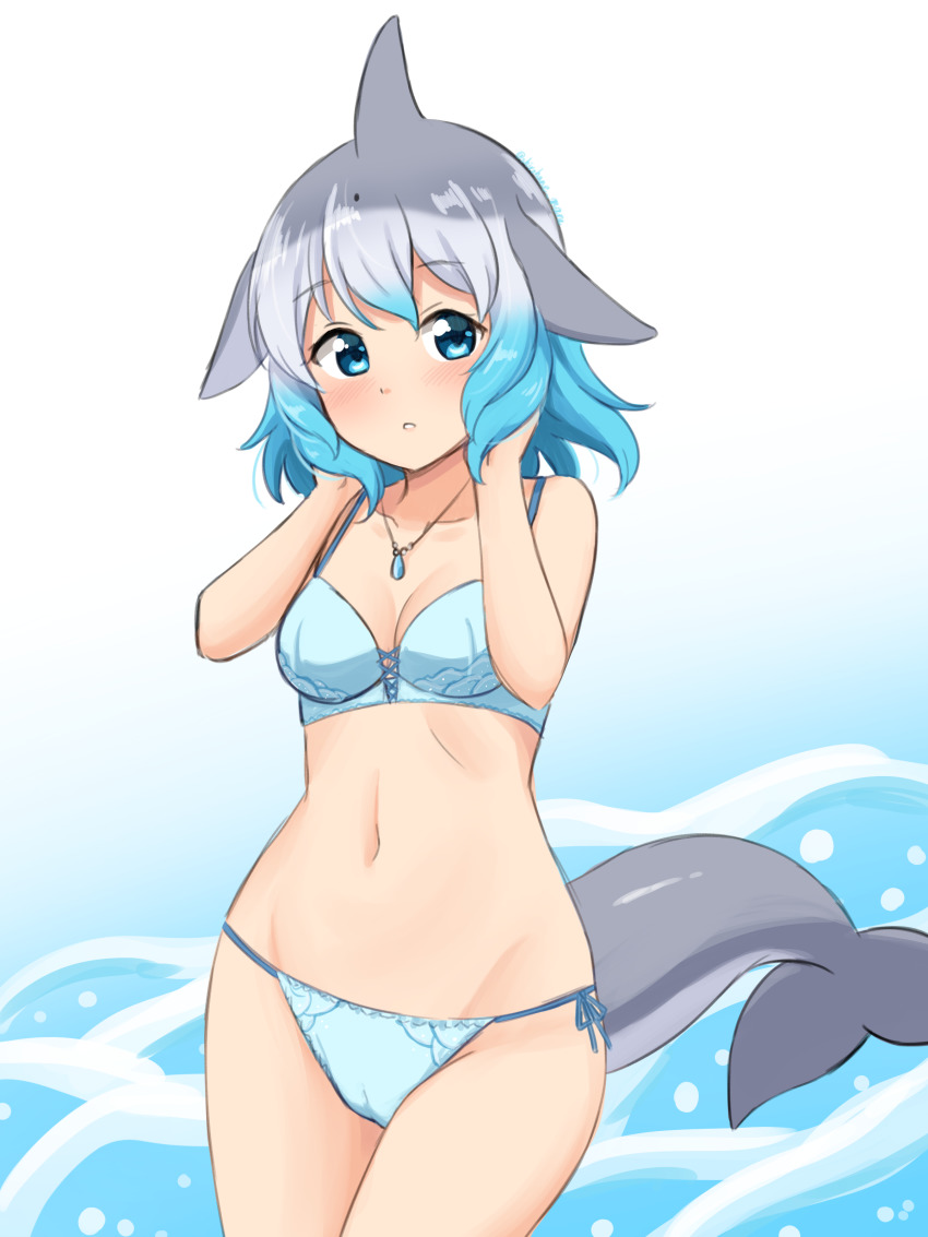 1girl, absurdres, bare_arms, bare_shoulders, blue_bra, blue_eyes, blue_hair, blue_panties