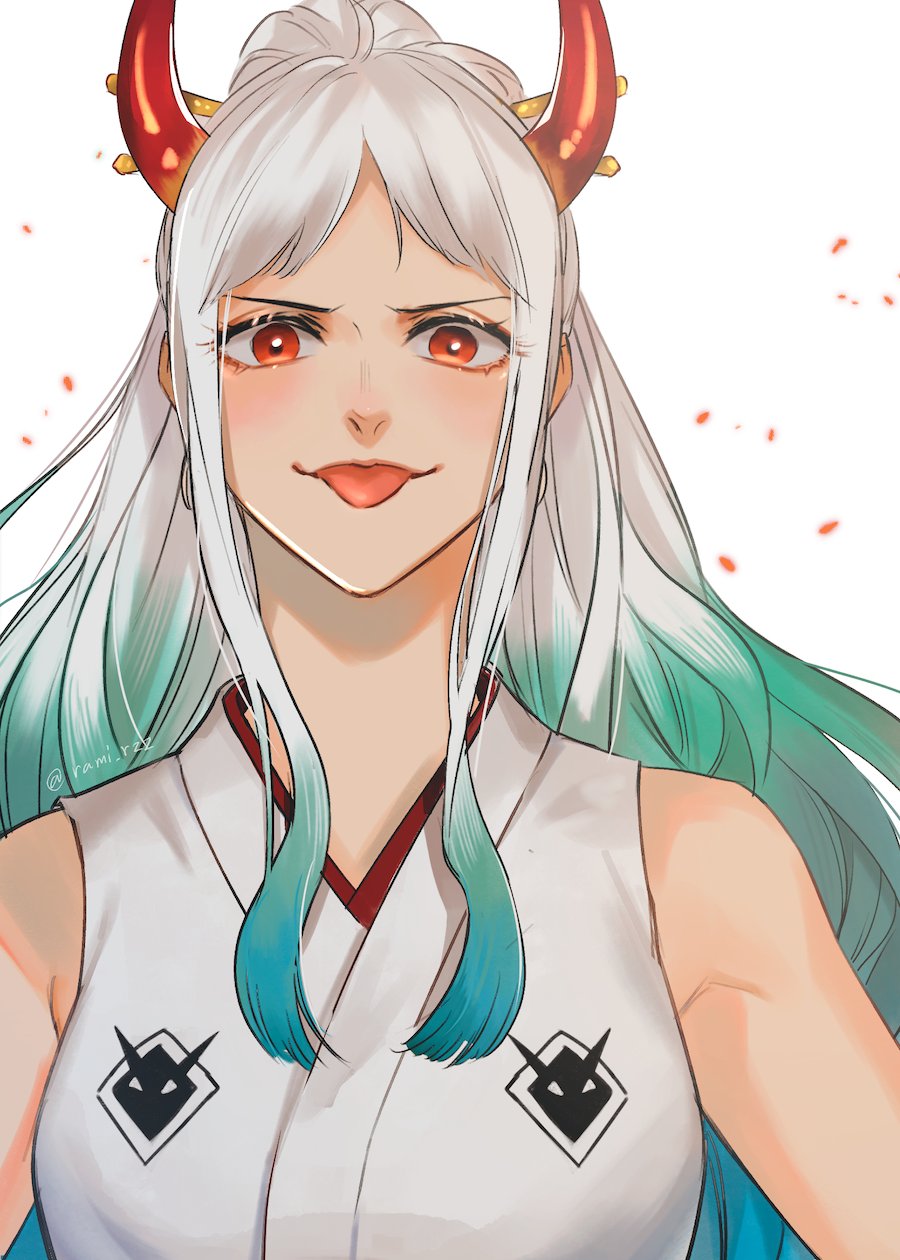 1girl, bare_arms, bare_shoulders, facing_viewer, hair_ornament, hair_stick, high_ponytail, highres, horns, japanese_clothes, kataginu, long_hair, looking_at_viewer, multicolored_hair, multicolored_horns, one_piece, oni, ponytail, rami_rz, red_eyes, smile, solo, tongue, tongue_out, two-tone_hair, yamato_(one_piece)