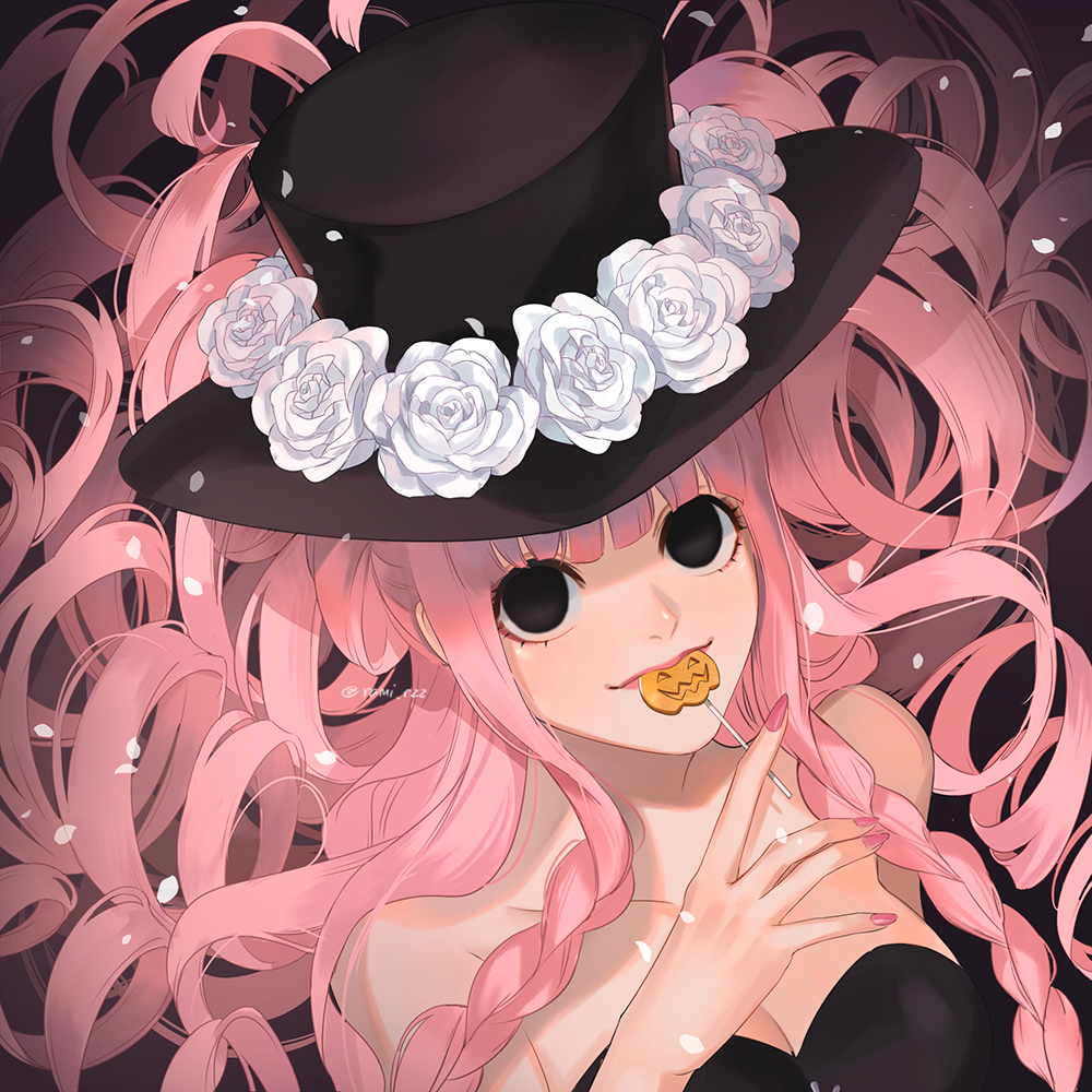 1girl, bare_shoulders, black_eyes, black_hat, blunt_bangs, breasts, candy, cleavage