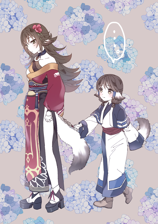 2girls, aged_down, ainu_clothes, animal_ears, aquaplus, aruruu, blush, boots