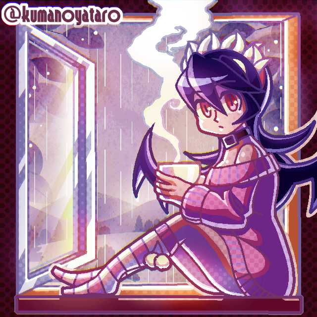 1girl, alternate_costume, bare_shoulders, belt_buckle, black_hair, buckle, choker, coffee