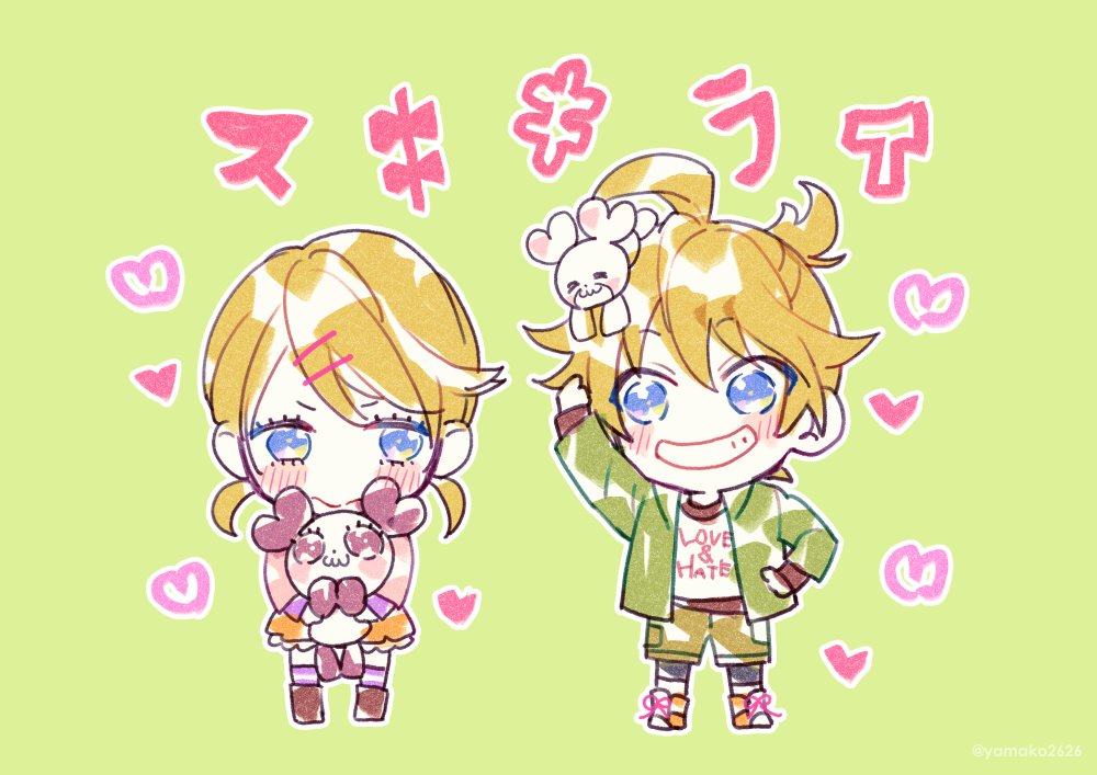 1boy, 1girl, blonde_hair, blue_eyes, blush, chibi, green_background, grin