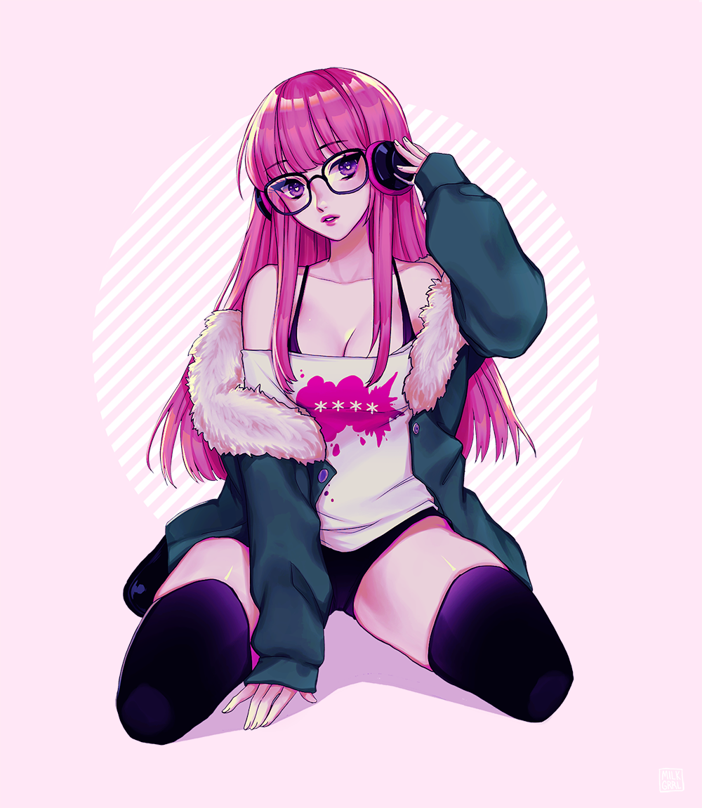 1girl, ahoge, arm_up, bare_shoulders, behind-the-head_headphones, black_footwear, black_shorts, black_tank_top, black_thighhighs, black_vest, blunt_bangs, boots, coat, fur-trimmed_coat, fur_trim, glasses, green_coat, hand_on_headphones, hand_on_headwear, hand_up, head_tilt, headphones, heart, heart-shaped_pupils, hime_cut, hood, hood_down, hooded_coat, kneeling, long_hair, off-shoulder_shirt, off_shoulder, open_mouth, orange_hair, parted_lips, persona, persona_5, pink_background, purple_eyes, sakura_futaba, shari_cote, shirt, short_shorts, shorts, simple_background, solo_focus, symbol-shaped_pupils, t-shirt, tank_top, teeth, thighhighs, vest, white_shirt