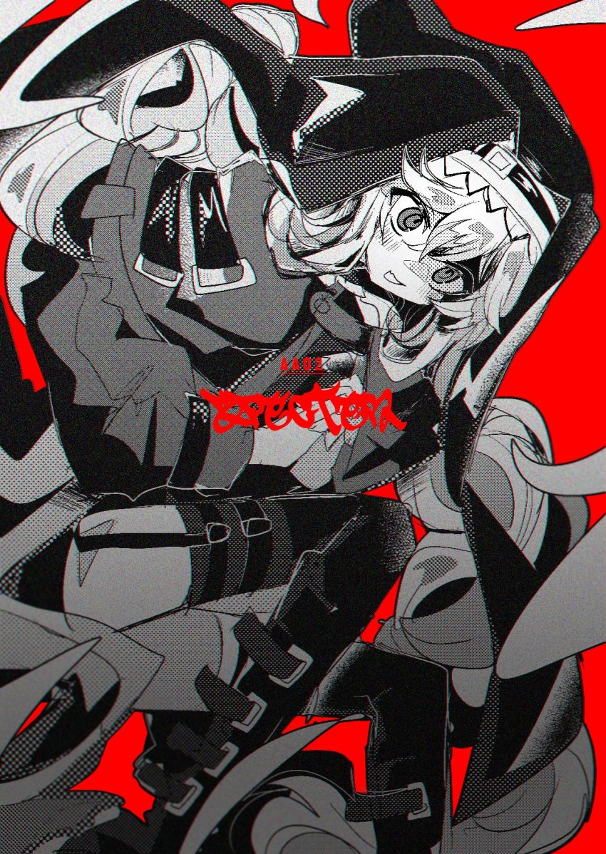 1girl, arknights, belt_boots, blush, boots, character_name, commentary_request, dress, fjsk, garter_straps, greyscale_with_colored_background, habit, hair_between_eyes, highres, knee_boots, long_hair, long_sleeves, nun, nun_headdress, open_mouth, own_hands_clasped, own_hands_together, red_background, smile, solo, specter_(arknights), thigh_strap, thighhighs