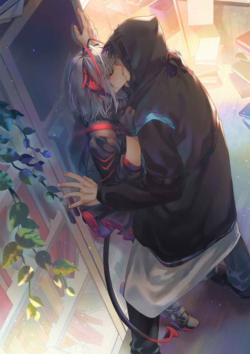 1boy, 1girl, absurdres, arknights, black_coat, black_footwear, black_gloves, black_jacket, black_pants, black_skirt, book, boots, closed_eyes, coat, demon_horns, demon_tail, doctor_(arknights), from_side, gloves, hands_up, hasegawamorito, hetero, highres, hood, horns, jacket, kiss, long_sleeves, looking_at_another, medium_hair, messy_hair, multicolored_hair, pants, plant, pleated_skirt, purple_hair, sidelocks, skirt, standing, streaked_hair, tail, w_(arknights)