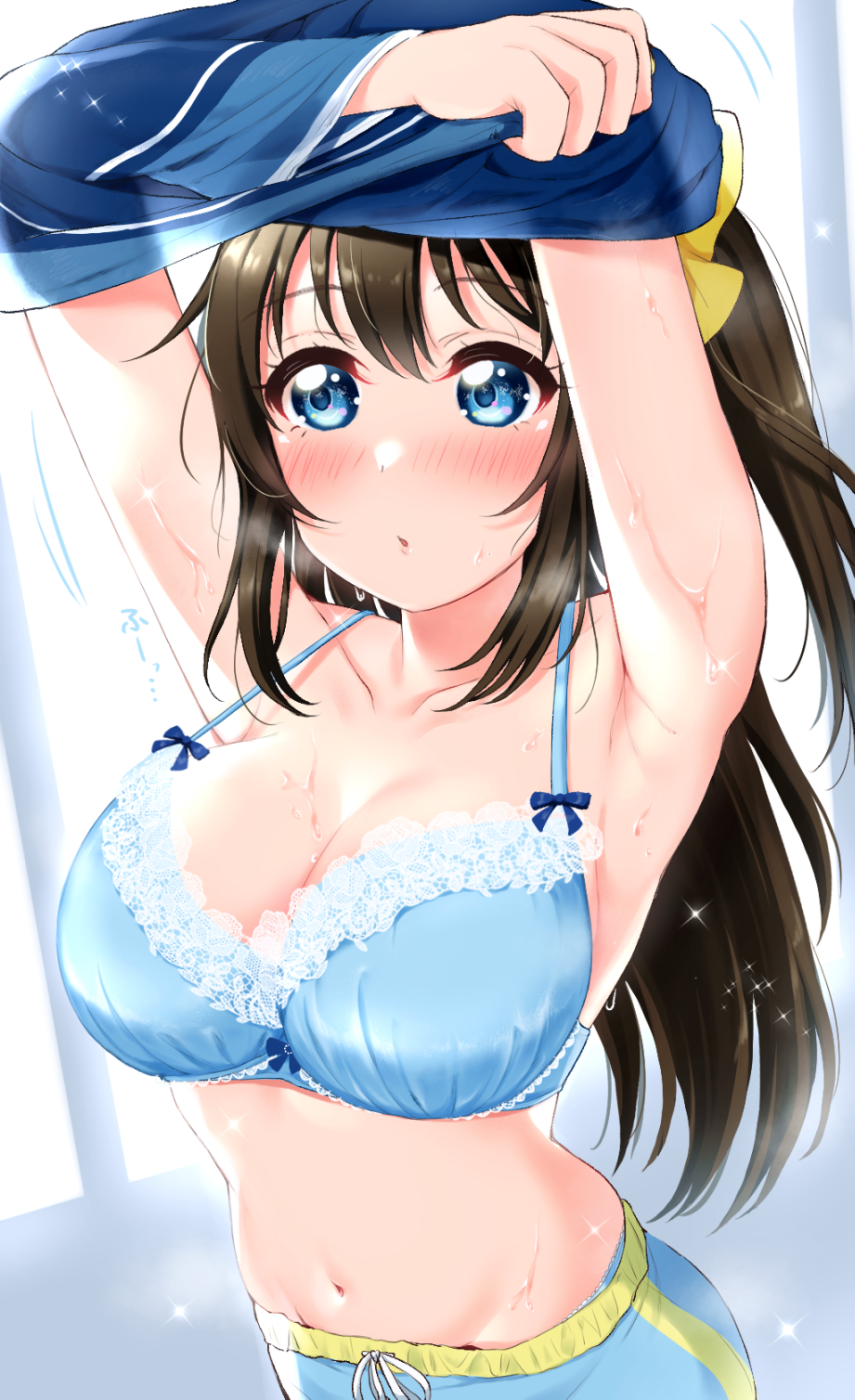 1girl, armpits, arms_up, berisuno_(beriberi0707), blue_background, blue_bow, blue_bra, blue_eyes, blue_panties, blue_pants, blue_shirt, blush, bow, bow_bra, bra, breast_drop, breasts, brown_hair, cleavage, clothes_lift, collarbone, commentary_request, cowboy_shot, crossed_arms, groin, hair_bow, half_updo, highres, lace, lace-trimmed_bra, lace_trim, large_breasts, long_hair, long_sleeves, looking_away, love_live!, love_live!_nijigasaki_high_school_idol_club, motion_lines, navel, osaka_shizuku, panties, pants, panty_peek, parted_lips, see-through_silhouette, shirt, shirt_lift, sidelocks, solo, sparkle, standing, stomach, strap_gap, sweat, two-tone_background, underwear, undressing, white_background, yellow_bow
