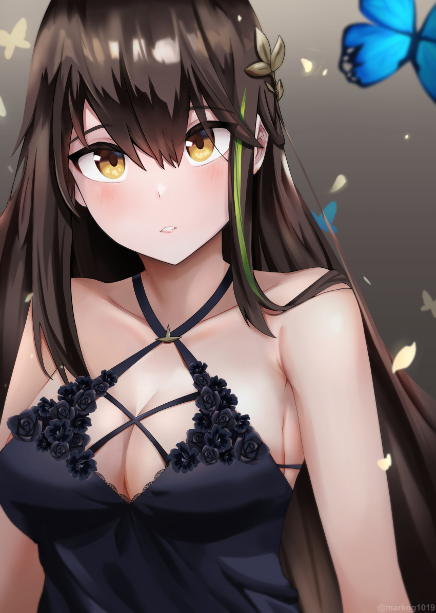 absurdres, armpits, bare_arms, bare_shoulders, black_dress, black_hair, blue_butterfly, blush