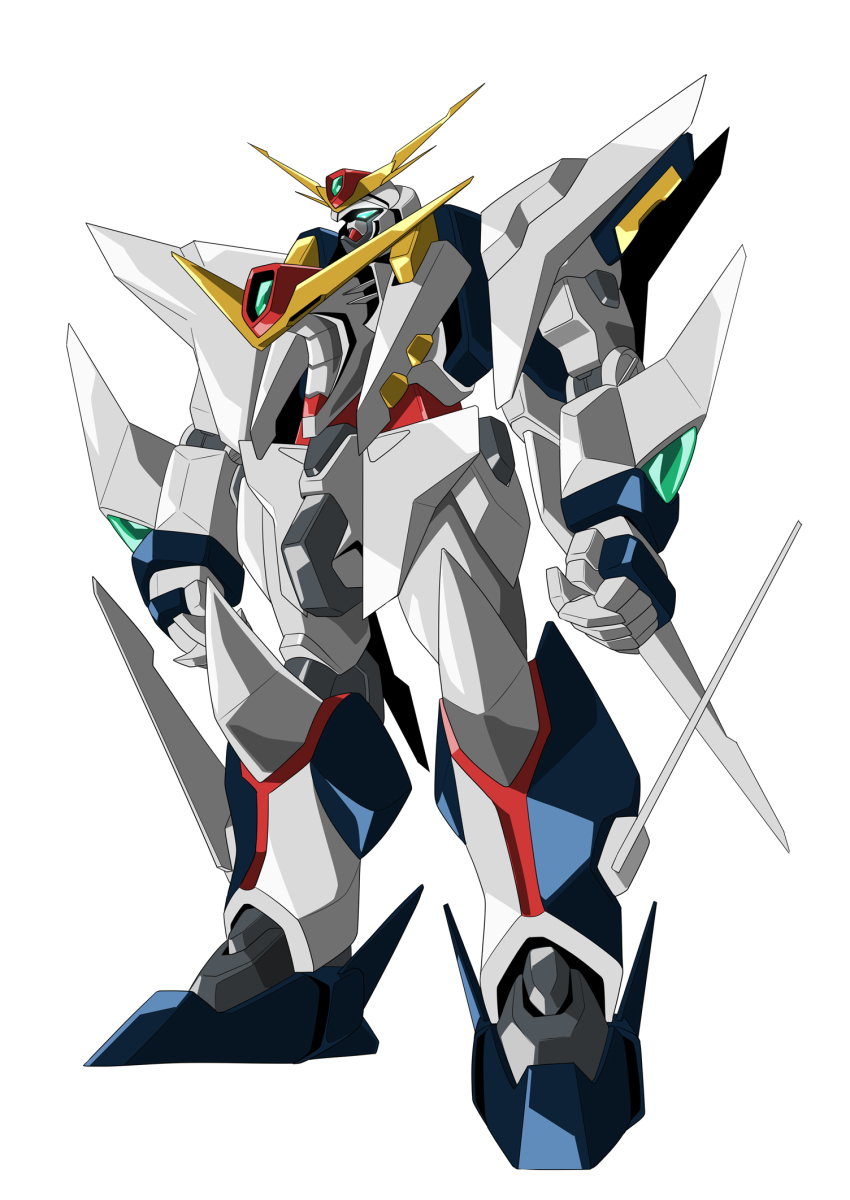 clenched_hands, commentary_request, fukaya_yuu, full_body, green_eyes, gundam, gundam:_hathaway's_flash, highres, mecha, mobile_suit, no_humans, robot, science_fiction, solo, standing, v-fin, white_background, xi_gundam
