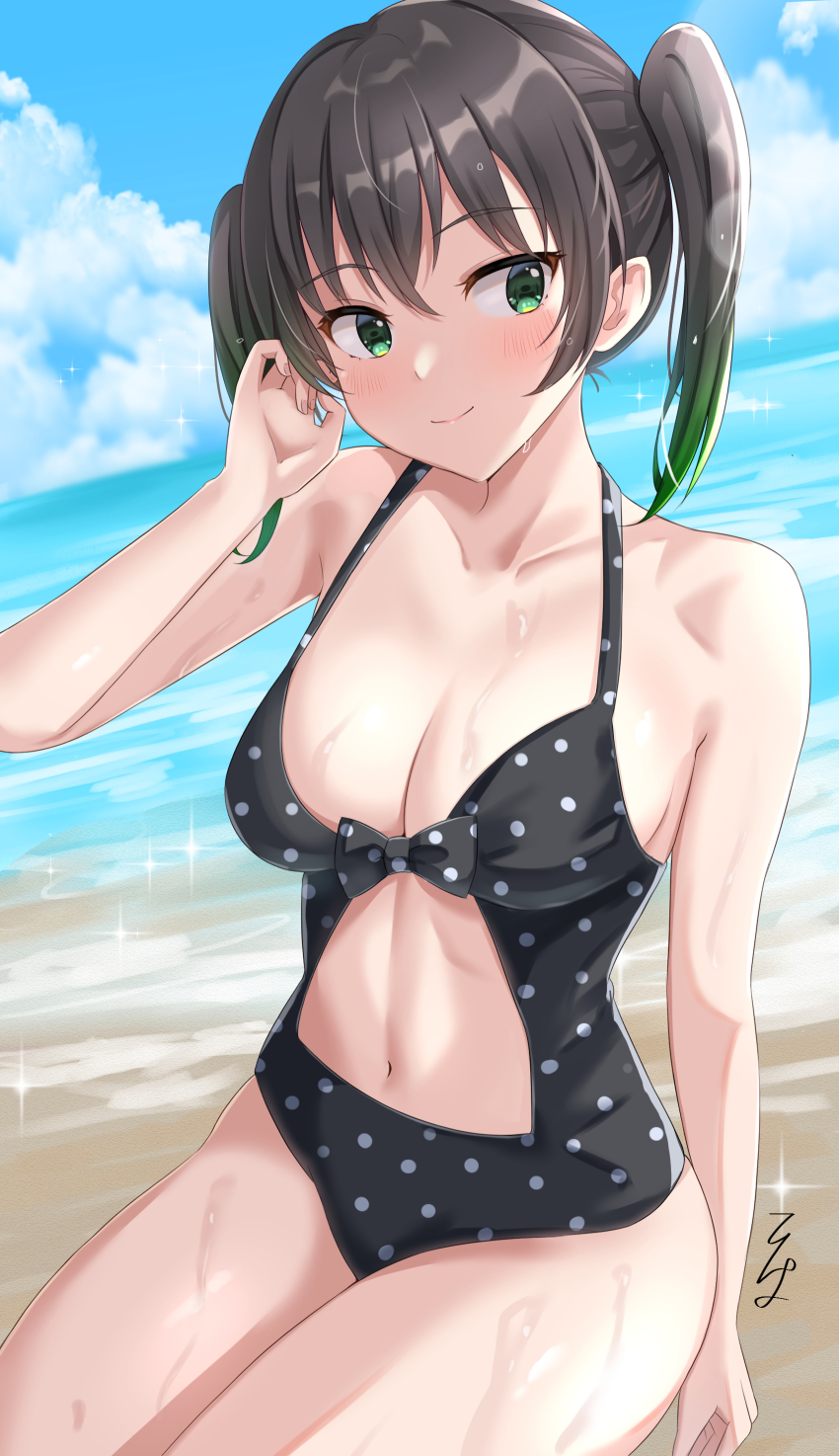 1girl, absurdres, beach, black_hair, blue_sky, casual_one-piece_swimsuit, cloud, colored_tips