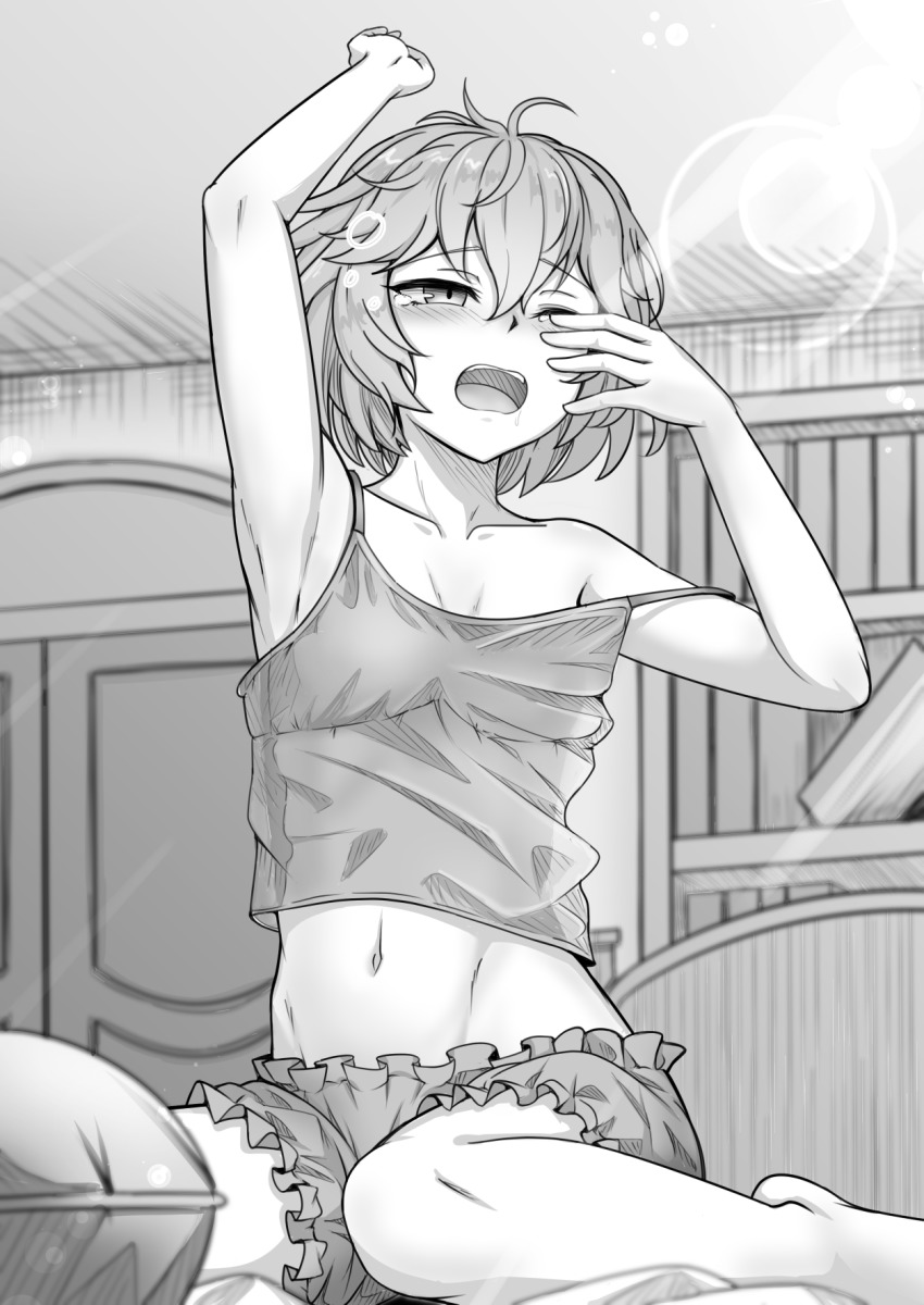 1girl, arm_up, bare_shoulders, bed, bernadetta_von_varley, camisole, commentary_request, fire_emblem, fire_emblem:_three_houses, greyscale, hair_between_eyes, highres, indoors, lens_flare, messy_hair, midriff, monochrome, navel, nintendo, on_bed, one_eye_closed, open_mouth, pajamas, pillow, rubbing_eyes, short_hair, shorts, sitting, solo, waking_up, zenrakishi