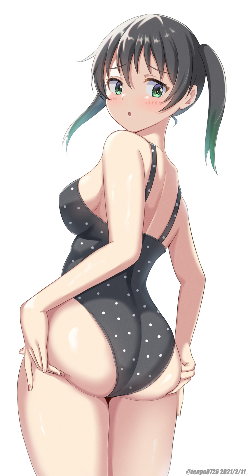 1girl, absurdres, ass, black_hair, black_one-piece_swimsuit, casual_one-piece_swimsuit, cloud, commentary_request, cowboy_shot, dated, day, from_behind, gradient_hair, green_eyes, green_hair, hair_between_eyes, highres, love_live!, love_live!_nijigasaki_high_school_idol_club, medium_hair, multicolored_hair, one-piece_swimsuit, polka_dot, polka_dot_swimsuit, simple_background, sky, solo, standing, swimsuit, takasaki_yu, takasaki_yu_(swimsuit), tsuruyama_(tenten), twintails, two-tone_hair, white_background