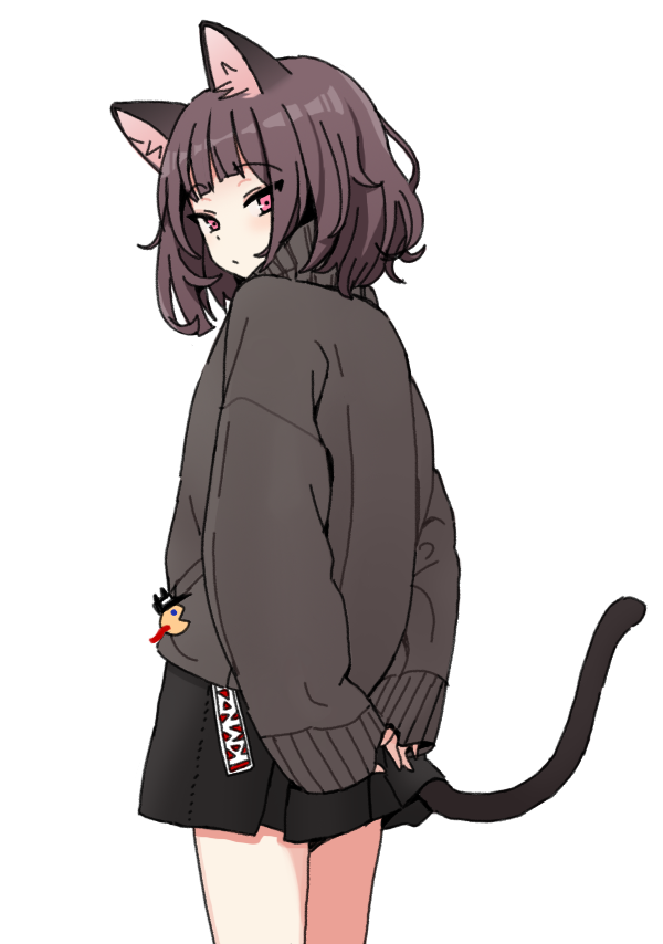 1girl, animal_ears, arms_behind_back, black_skirt, brown_hair, brown_sweater, cat_ears, cat_girl