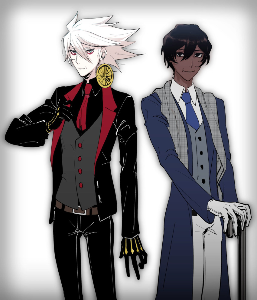 2boys, alternate_costume, arjuna_(fate), black_hair, colored_skin, dark-skinned_male, dark_skin, earrings