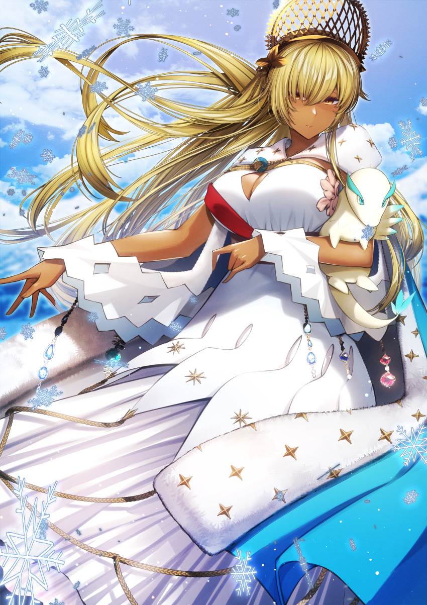 1girl, absurdres, alternate_costume, alternate_hairstyle, anastasia_(fate), anastasia_(fate)_(cosplay), anastasia_(third_ascension)_(fate), blonde_hair, blue_cloak, breasts, cape, cleavage, cloak, cluseller, commission, commissioner_upload, cosplay, crown, dark-skinned_female, dark_skin, doll, dress, fate/grand_order, fate_(series), fire_emblem, fire_emblem:_the_binding_blade, fur_trim, hair_ornament, hair_over_one_eye, hara_yumi, highres, holding, holding_doll, huge_filesize, igrene_(fire_emblem), jewelry, large_breasts, long_hair, looking_at_viewer, mole, mole_under_eye, nintendo, red_sash, royal_robe, sash, skeb_commission, solo, stuffed_toy, voice_actor_connection, white_dress, yellow_eyes