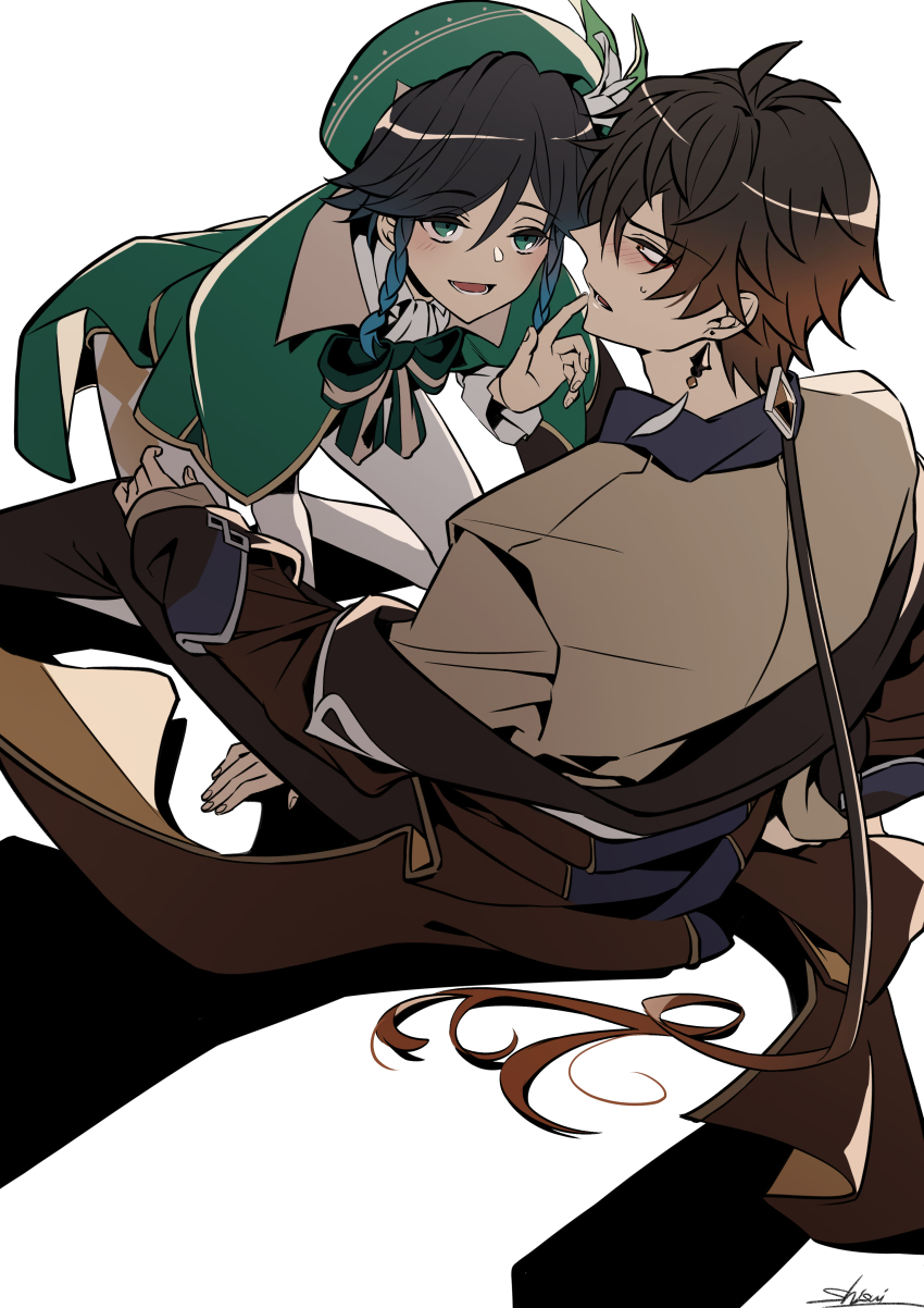 2boys, absurdres, androgynous, argyle_clothes, argyle_legwear, beret, black_hair, blue_hair