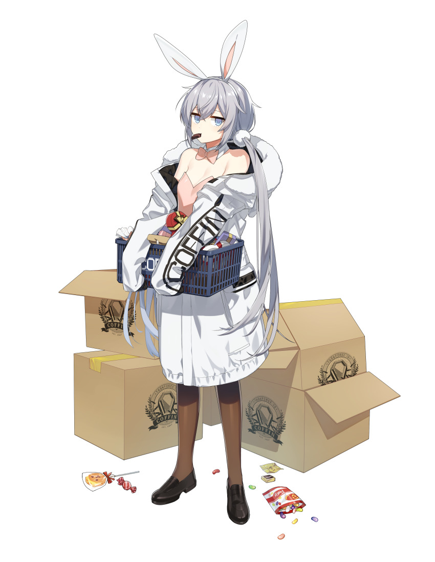 1girl, absurdres, animal_ears, bare_shoulders, basket, black_shoes, blue_eyes, bow, bowtie, box, breasts, brown_pantyhose, candy, cardboard_box, carrying, chocolate, coat, counter:side, detached_collar, fake_animal_ears, food, full_body, fur_trim, gift, gift_box, grey_hair, hair_ornament, hairband, han_sorim, highres, jitome, leotard, loafers, lollipop, long_hair, long_sleeves, looking_at_viewer, low_twintails, mouth_hold, off_shoulder, official_alternate_costume, official_art, open_clothes, open_coat, pantyhose, pink_leotard, playboy_bunny, rabbit_ears, shoes, sleeves_past_fingers, sleeves_past_wrists, small_breasts, solo, standing, strapless, strapless_leotard, transparent_background, twintails, valentine, very_long_hair, white_coat