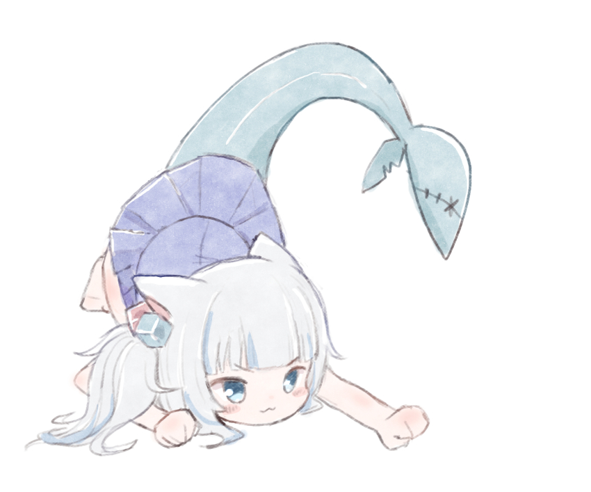 1girl, :3, blue_dress, blue_eyes, blue_hair, blush, cube_hair_ornament, dress, fins, fish_tail, gawr_gura, hair_ornament, highres, hololive, hololive_english, imminent_pounce, multicolored_hair, pleated_dress, shark_tail, simple_background, solo, streaked_hair, tail, top-down_bottom-up, v-shaped_eyebrows, vanilla_itachi, virtual_youtuber, white_background, white_hair