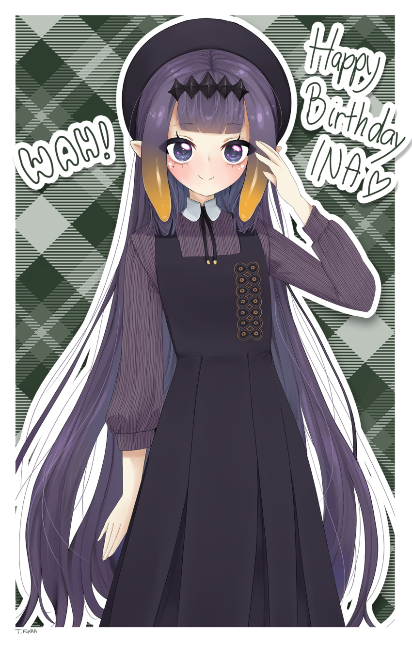 1girl, beret, black_dress, blue_eyes, blush, border, collar, drawstring