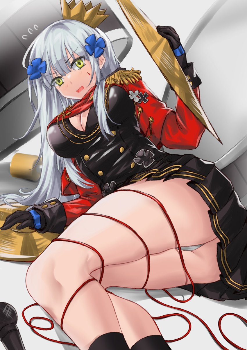 1girl, ass, bare_legs, black_gloves, blue_hair, blush, breasts, crown