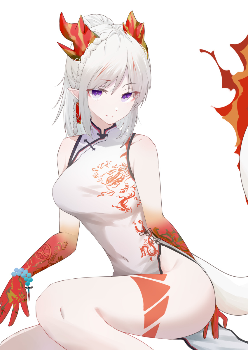 1girl, absurdres, arknights, arm_tattoo, bead_bracelet, beads, bracelet, braid, china_dress, chinese_clothes, colored_skin, commentary, dragon_girl, dragon_horns, dragon_tail, dress, ear_piercing, fire, flame-tipped_tail, highres, horns, jewelry, leg_tattoo, long_hair, looking_at_viewer, nian_(arknights), nian_(unfettered_freedom)_(arknights), no_panties, official_alternate_costume, piercing, pointy_ears, ponytail, purple_eyes, red_(aba02), red_skin, simple_background, solo, tail, tattoo, thighs, white_background, white_dress, white_hair